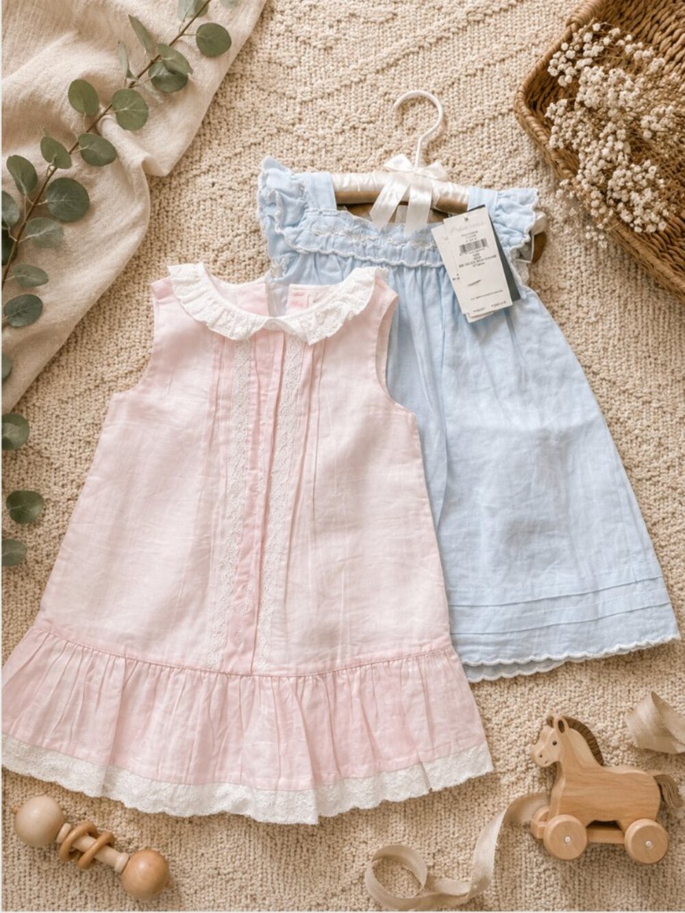Ralph Lauren Pink & Light Blue Linen Blend Girls Dresses